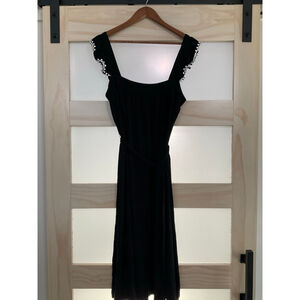 LOFT Outlet Black Midi Dress with Pom Detail Ruffle Sleeves – Size Medium NWOT